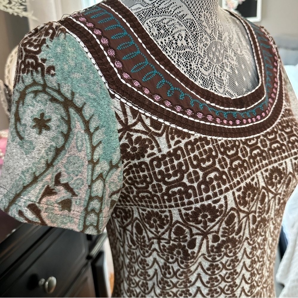 Papillon Boho Paisley Knit Brown Teal Floral Sweater Dress Eclectic Grandpa M - Picture 5 of 16